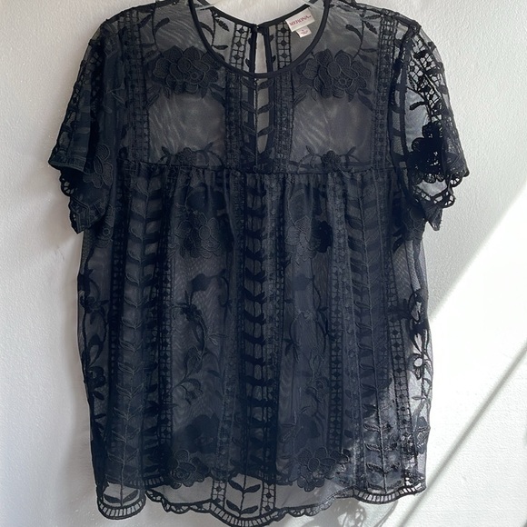 Merona Crewneck keyhole back sheer soft lace scalloped edge top size large - Picture 7 of 8